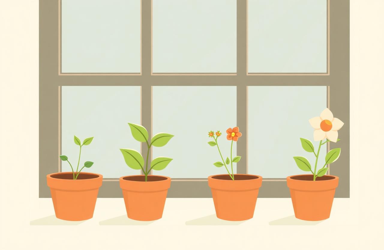 Potted plants at different growth stages on a sunny windowsill